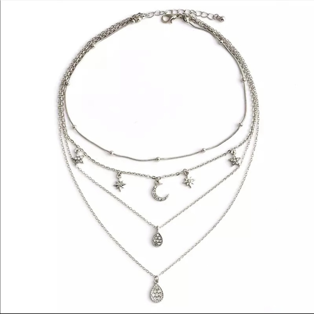 πNEW! Silver Star Moon Gem Multilayer Necklace - Picture 3 of 3
